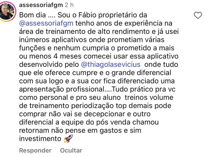 Mensagem espontânea de personal sobre o app